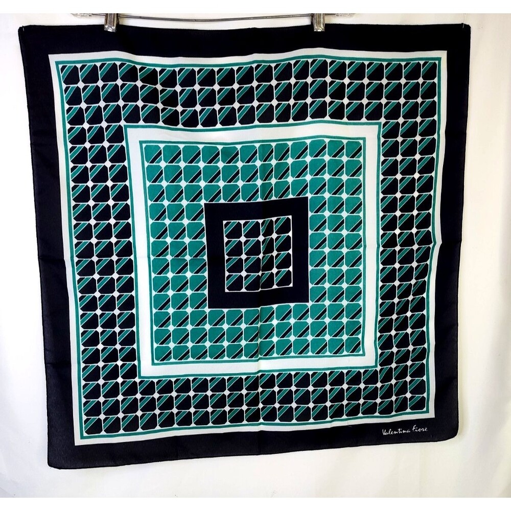 Valentina Fiore Navy Blue And Green Geometric Made in Italy Vintage 27"x27"